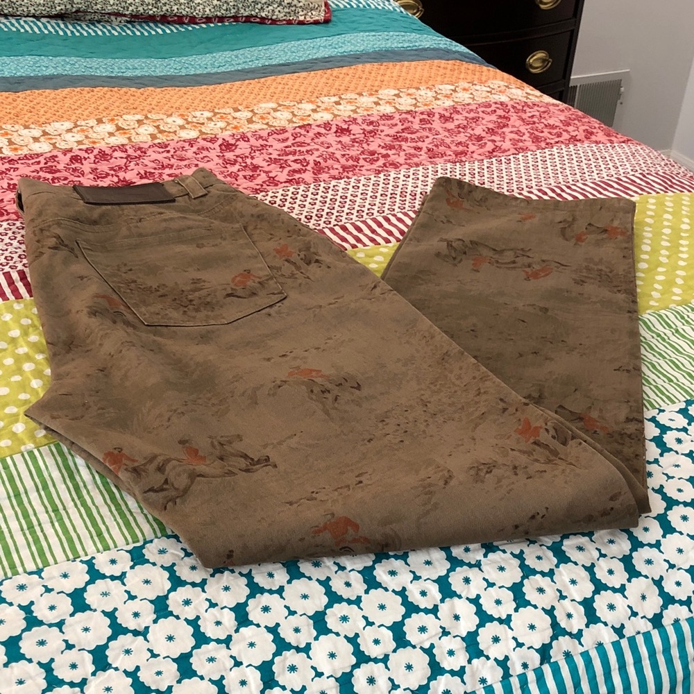Lauren Ralph Lauren brown jean style pant with  horseback riding print motif.